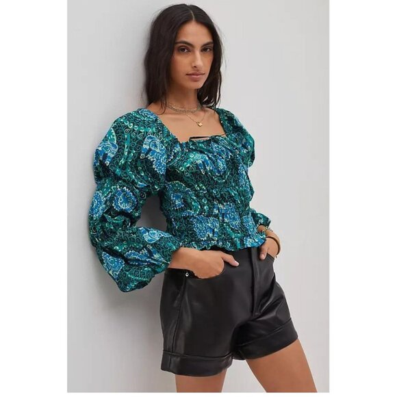 Anthropologie Porridge Tiered Poplin Blouse Bubble Sleeve Paisley Blue Green Sm - Picture 1 of 10
